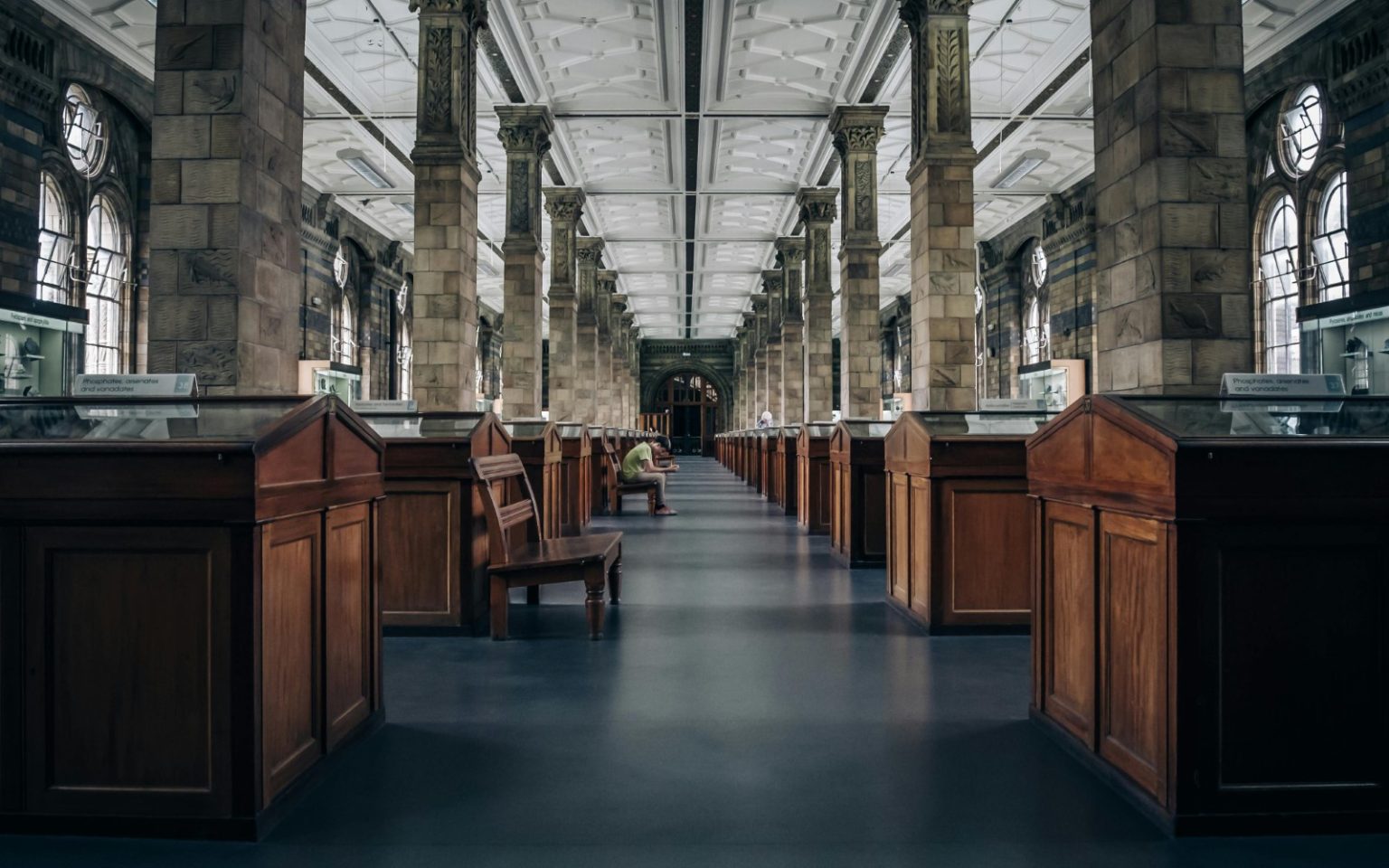 Fotografia de museu com vitrines horizontais de madeira