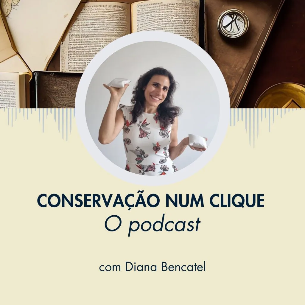 Capa do podcast da Conservação num Clique, com Diana Bencatel a pegar em dois pesos