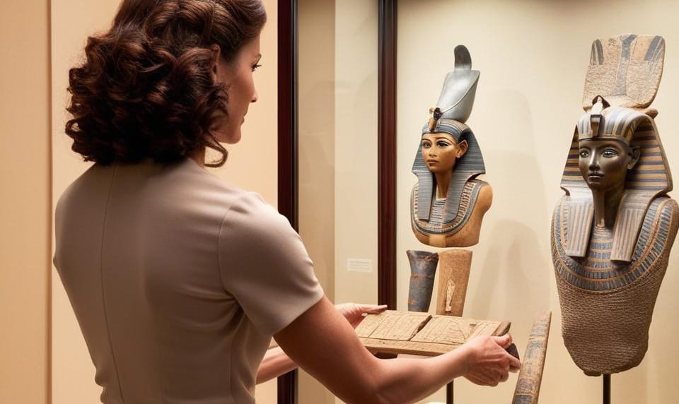 Mulher a posicionar objetos numa vitrine de um museu