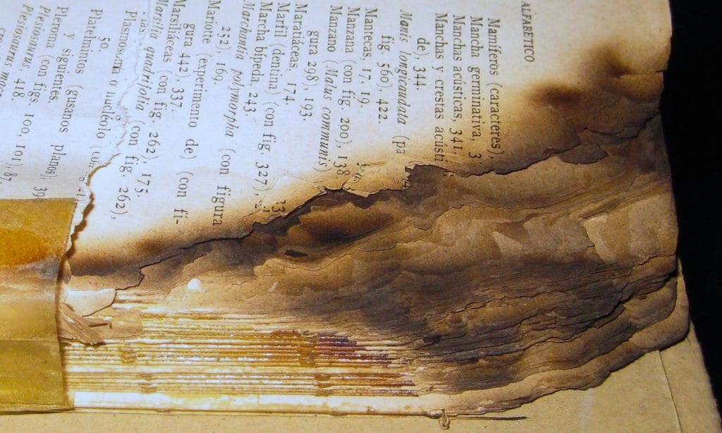 Livro danificado por fogo, com o canto superior direito queimado