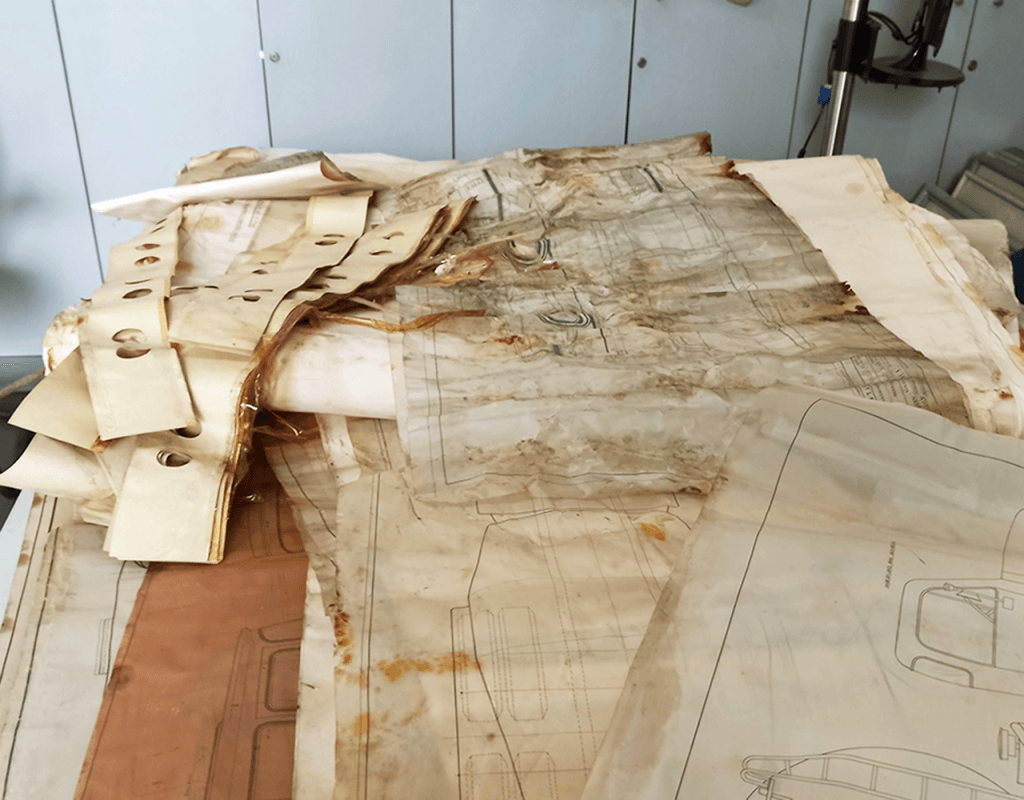 Documentos que sobreviveram a um incêndio devastador no Porto, com manchas provocadas pelo fogo e pela humidade e fungos